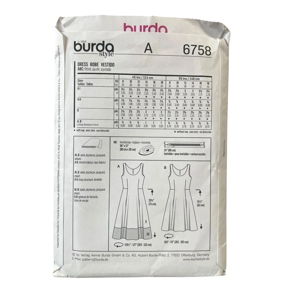 Burda Style 6758 Dress US 8-18 EUR 34-44 Fitted Flared A-Line Uncut FF